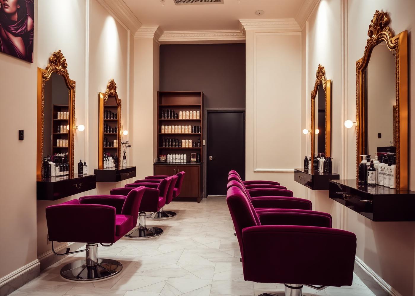 Interior of a boutique hair and beauty salon with plum chairs and gold mirrors